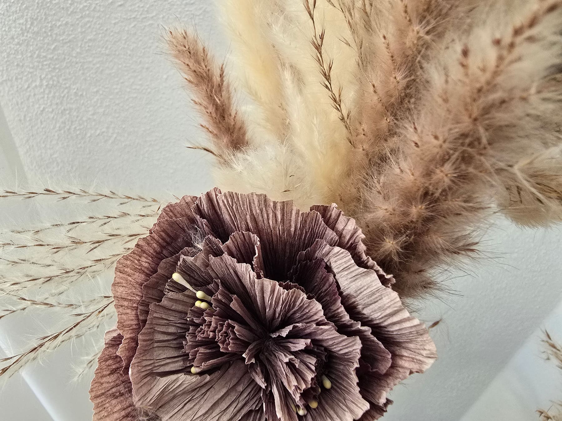 Detail einer mauvefarbenen Blüte mit weichen Gräsern